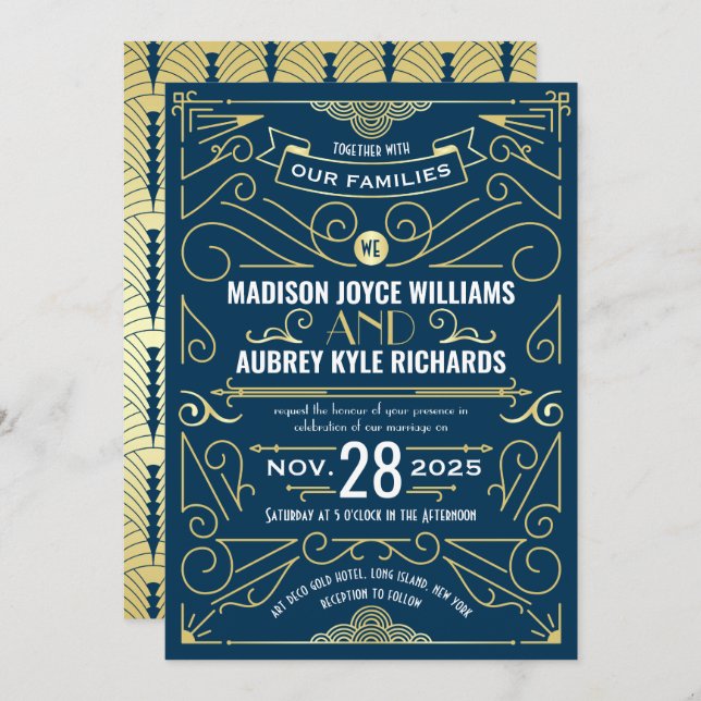 Invitation Art Déco Gatsby Mariage Élégant Or Bleu foncé (Devant / Derrière)
