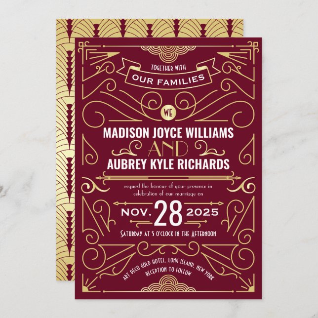 Invitation Art Déco Gatsby Mariage Elégant Or Bourgogne (Devant / Derrière)