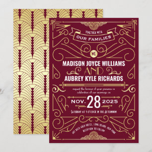 Invitation Art Déco Gatsby Mariage Elégant Or Bourgogne