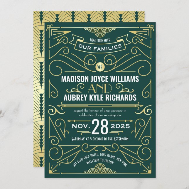 Invitation Art Déco Gatsby Mariage Élégant Or Vert foncé (Devant / Derrière)