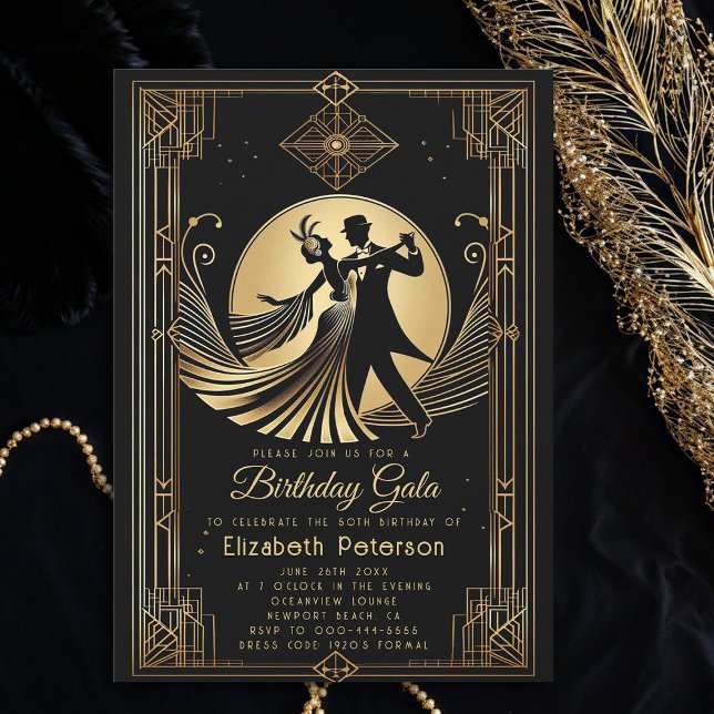 Invitation Art Déco Gatsby Roaring 20s Interdiction Anniversa (art deco 1920s gatsby roaring dance dancing couple gold black adult birthday party invitation)