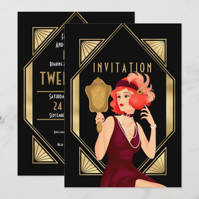 Invitation Art Déco Glam Girl 21e anniversaire Gold Black (Devant / Derrière)