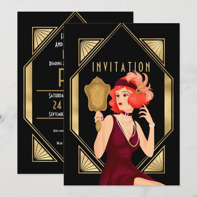 Invitation Art Déco Glam Girl 50e anniversaire Gold Black (Devant / Derrière)