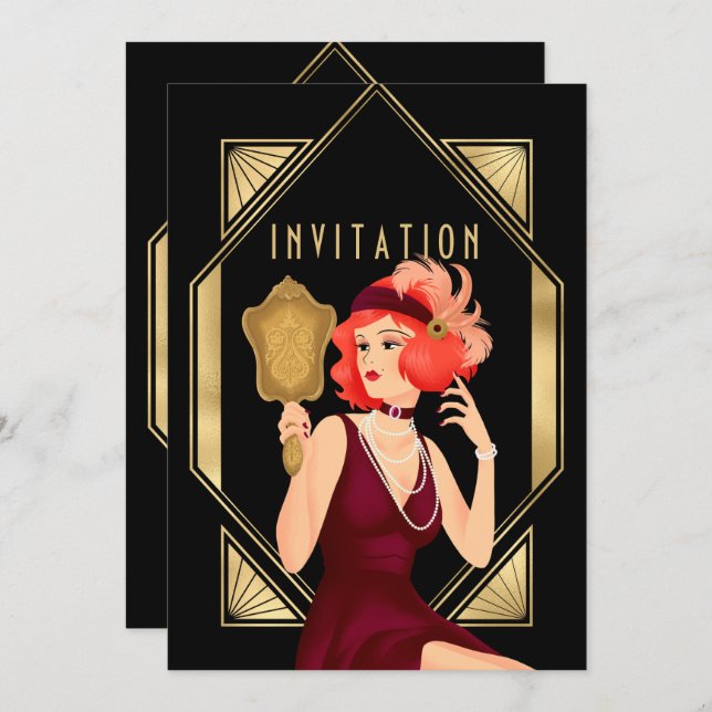 Invitation Art Déco Glam Girl 60e anniversaire Gold Black (Devant / Derrière)