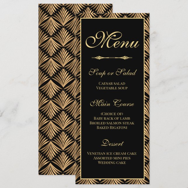 Invitation Art Déco Gold Black Great Gatsby Menu Mariage (Devant / Derrière)