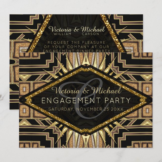 Invitation Art Déco Gold + Black Stylish Engagement Party (Devant / Derrière)