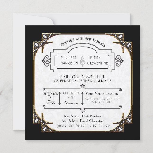 Invitation Art Déco Grande Gatsby Style Typographie en dentel (Devant)