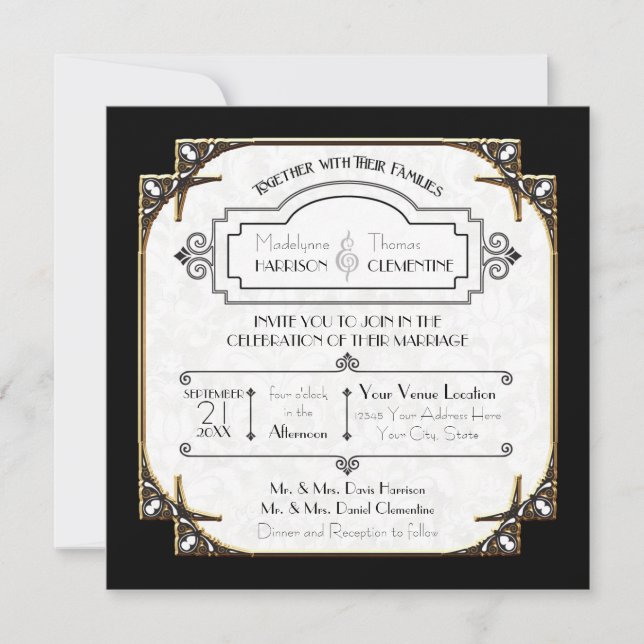 Invitation Art Déco Grande Gatsby Style Typographie en dentel (Devant)
