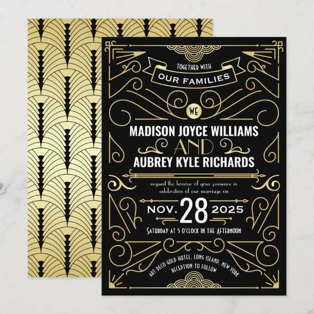Invitation Art Déco Great Gatsby Mariage Élégant Or Noir (Devant / Derrière)