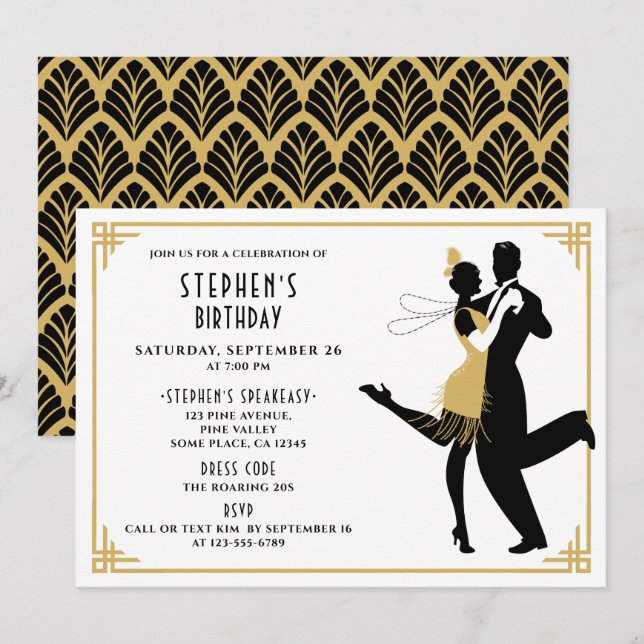 Invitation Art Déco/Great Gatsby/Roaring 1920 Anniversaire (Devant / Derrière)