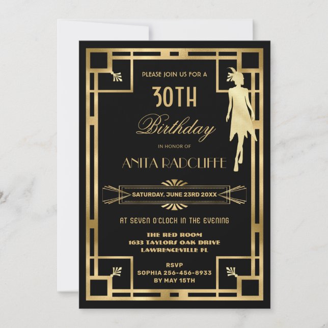 Invitation Art Déco Great Gatsby Roaring 20s Anniversaire N'I (Devant)