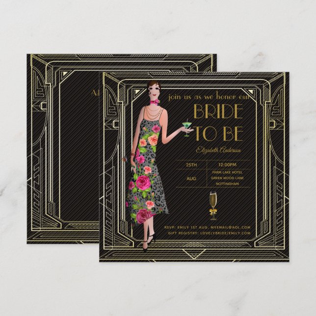 Invitation Art Déco Great Gatsby Roaring 20s Fête des mariées (Devant / Derrière)