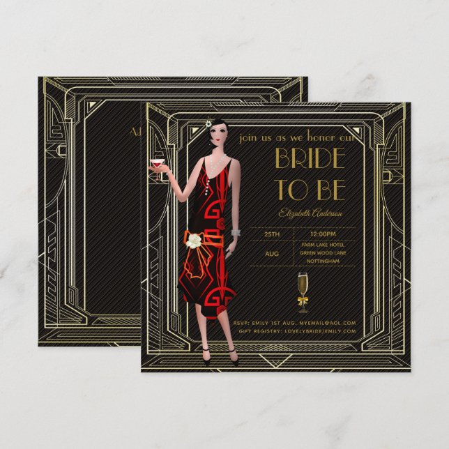 Invitation Art Déco Great Gatsby Roaring 20s Fête des mariées (Devant / Derrière)