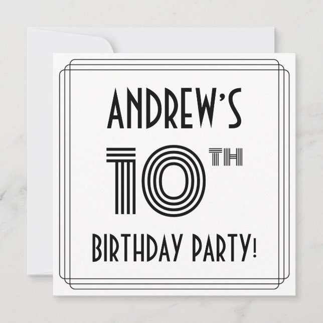 Invitation Art Déco Inspiré 10ème Anniversaire Fête, Nom pers (Devant)