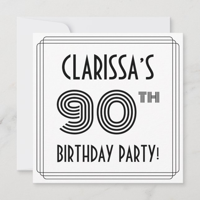 Invitation Art Déco Inspiré 90ème Anniversaire Fête, Nom pers (Devant)