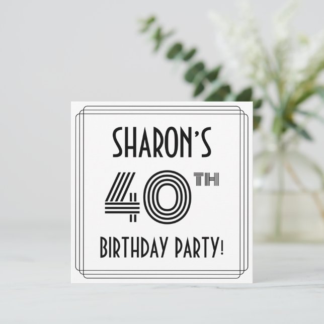 Invitation Art Deco Inspired 40th Birthday Party, Custom Name (Debout devant)