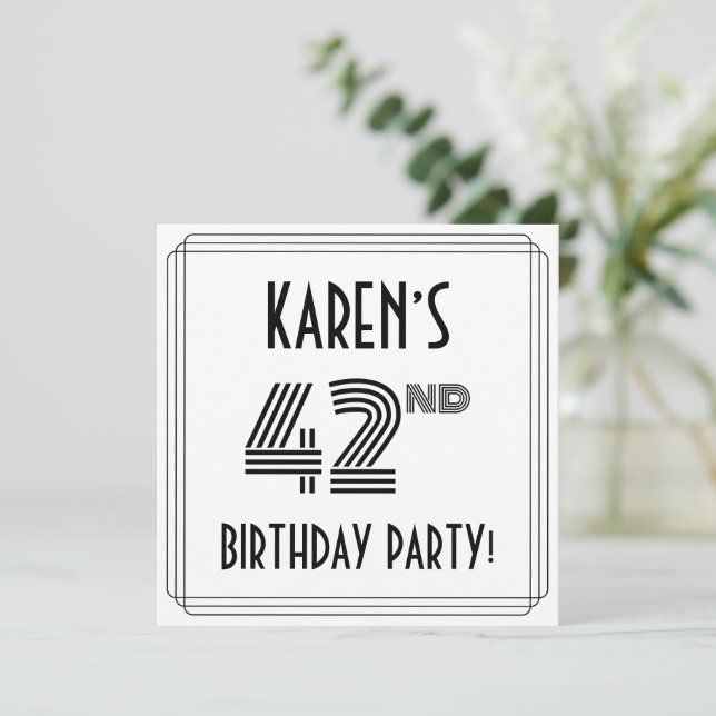 Invitation Art Deco Inspired 42nd Birthday Party, Custom Name (Debout devant)