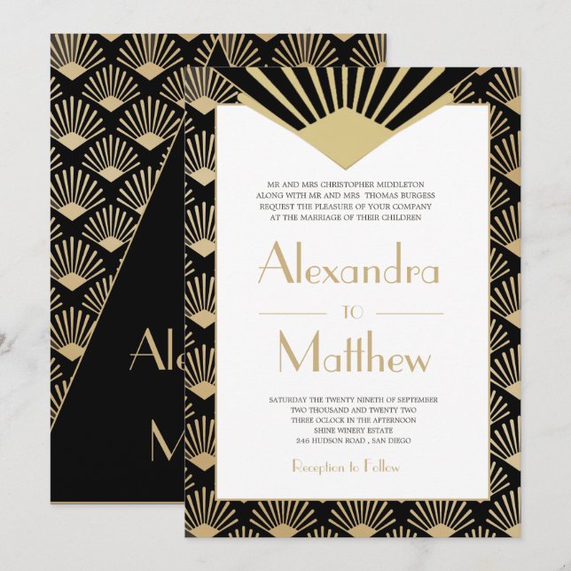 Invitation Art Déco Mariage Black Gold Roaring Années (Devant / Derrière)