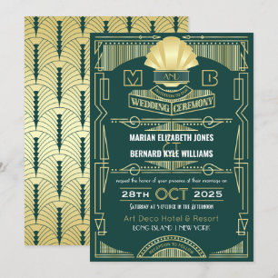 Invitation Art Déco Mariage Elégant Gold Green Great Gatsby
