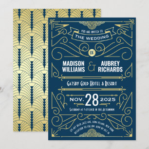 Invitation Art Déco Mariage Great Gatsby Elegant Gold Blue