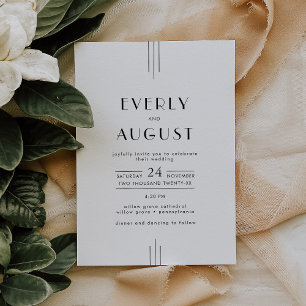 Invitation Art Déco minimaliste, Mariage blanc et noir
