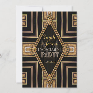 Invitation Art Déco Moderne Fête de Fiançailles Noir Or