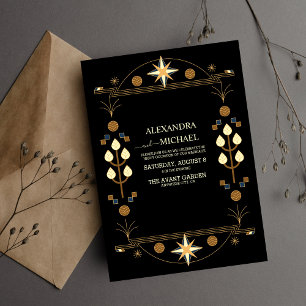 Invitation Art déco moderne Mariage noir et or
