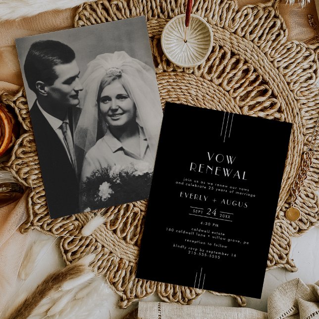 Invitation Art Déco moderne - Vow photo noir Renouvellement (EVERLY Modern Art Deco Black Photo Vow Renewal Invitation)