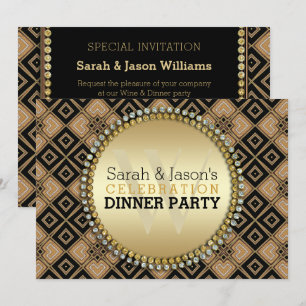 Invitation Art Déco Motif géométrique Black Gold Dinner Party