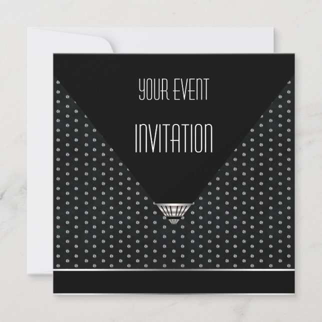 Invitation Art Déco Noir Argent Blanc Taches (Devant)
