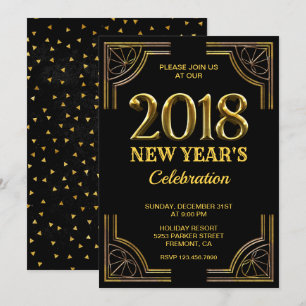 Invitation Art déco noir d'or partie de 2018 réveillons de la