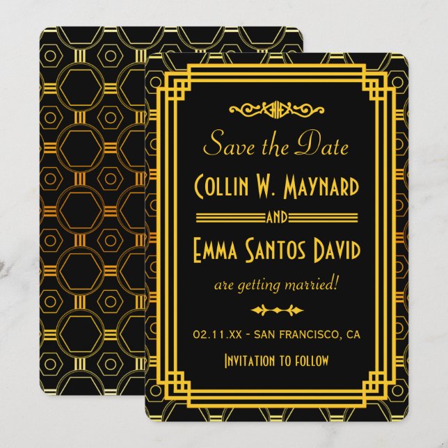 Invitation Art Déco Noir et Or Enregistrer la date (Devant / Derrière)