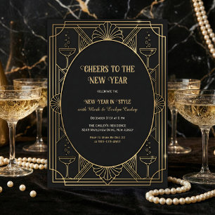 Invitation Art Déco Noir & Or Félicitations à la Nouvelle Ann