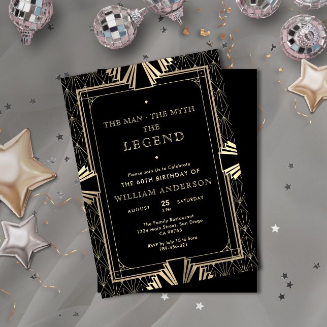 Invitation Art Déco Noir & Or L'Homme Le Mythe La Légende (Art Deco Black & Gold The Man The Myth The Legend Invitation)