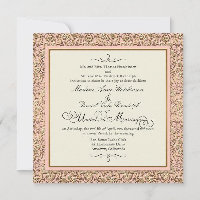 Invitation Art Déco Nouveau Faux Or Floral Dentelle Damas (Devant)