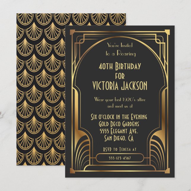 Invitation Art Déco Nouveau Fête d'anniversaire Gold & Black (Devant / Derrière)