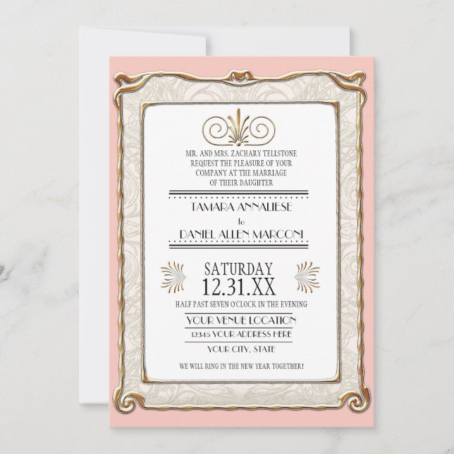 Invitation Art Déco Nouveau Gatsby Pink Gold Mariage élégant (Devant)