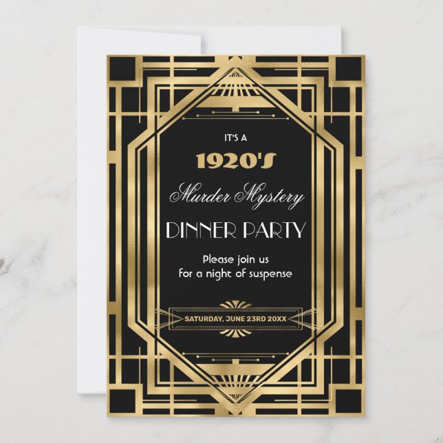 Invitation Art Déco Nouveau Meurtre Partie Mystère Or Noir (Devant)