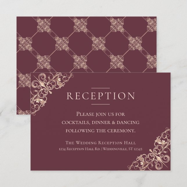 Invitation Art déco Nouveau | Réception or Rose Bourgogne (Devant / Derrière)