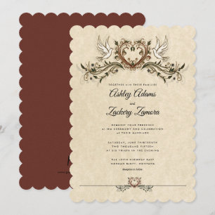 Invitation Art Déco Orné 2 Doves/Faire-part de mariage coeur