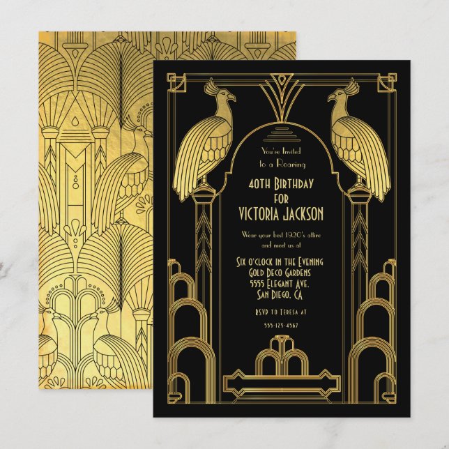 Invitation Art Déco Peacock Anniversaire Party Gold & Black (Devant / Derrière)