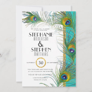 Invitation Art Déco Peacock Feather Moderne Gold Turquoise Ma