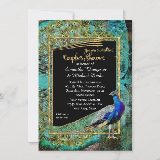 Invitation Art Déco Peacock Glam Vieux Hollywood Couples Douc (Devant)