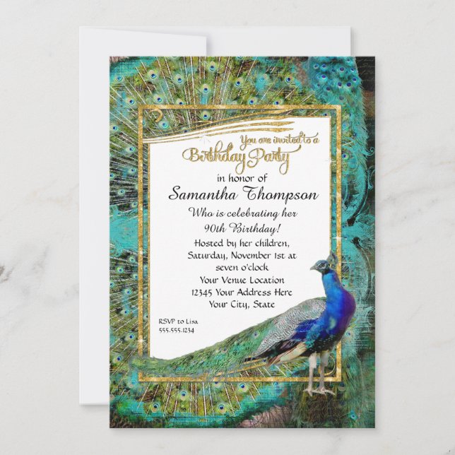 Invitation Art Déco Peacock Gold Parties scintillant Hollywoo (Devant)