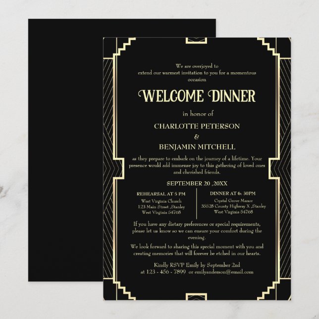 Invitation Art Déco Répétition Noire Bienvenue Dîner Invitati (Devant / Derrière)