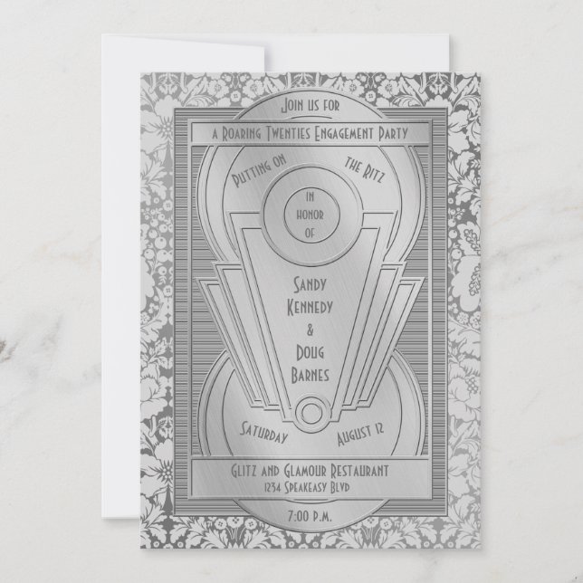 Invitation Art déco Roaring des années 2000 Silver Engagement (Devant)