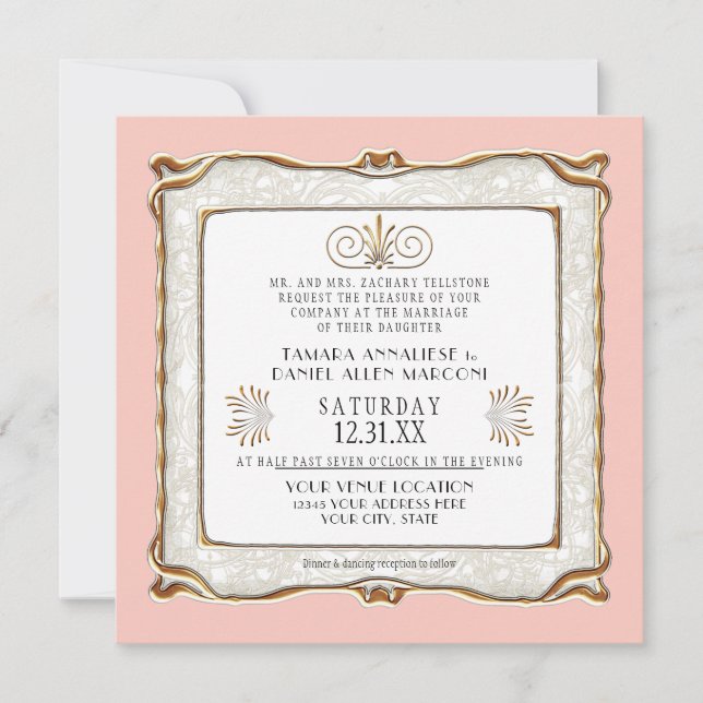 Invitation Art Déco Rose Or Nouveau Gatsby Mariage élégant (Devant)