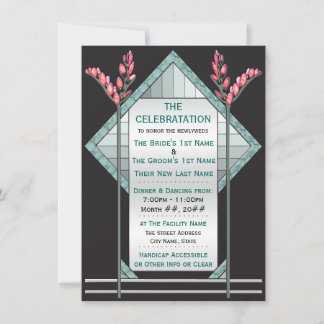Invitation Art déco rose Pussy Willow et verre Aqua sur noir