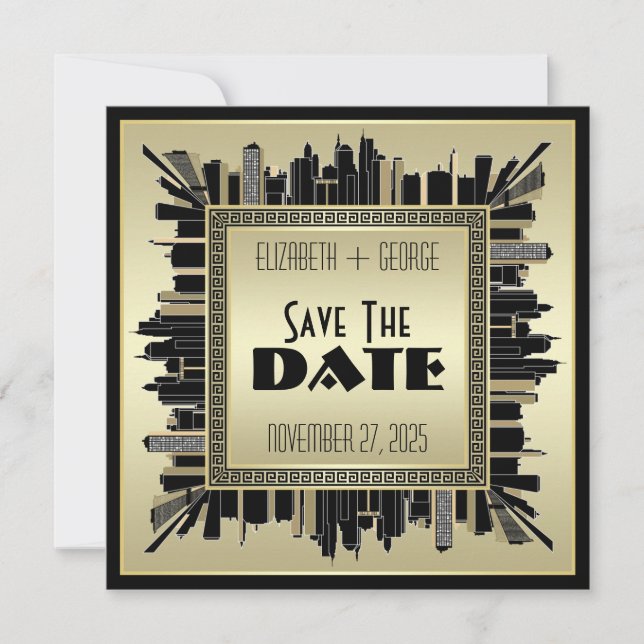 Invitation Art Déco Sauvez la date Champagne Gold Gatsby Glam (Devant)