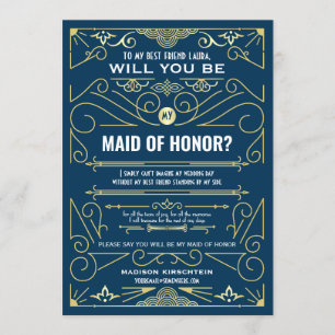 Invitation Art Déco Serez-vous ma femme d'honneur Gold Blue